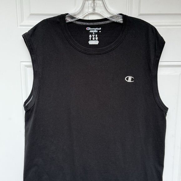 Champion Sleeveless Tshirt Size L Black Logo Crew Neck Muscle Tee - Picture 2 of 8